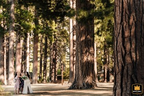 Surrounded by towering trees in Lake Tahoe, California, the bride shares a quiet, intimate moment as two loved ones gently adjust her hair before the ceremony begins.